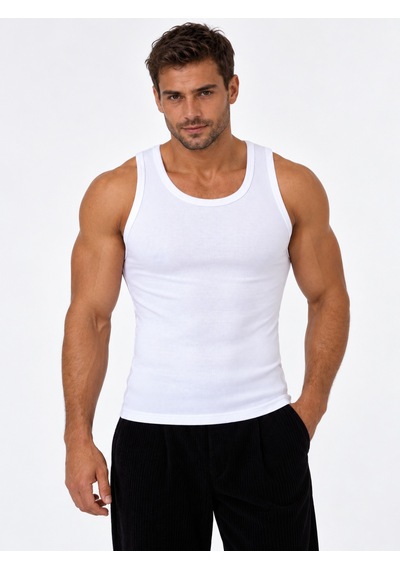 We&me Erkek Halter Yaka Slimfit Sporcu Likralı Atlet Beyaz