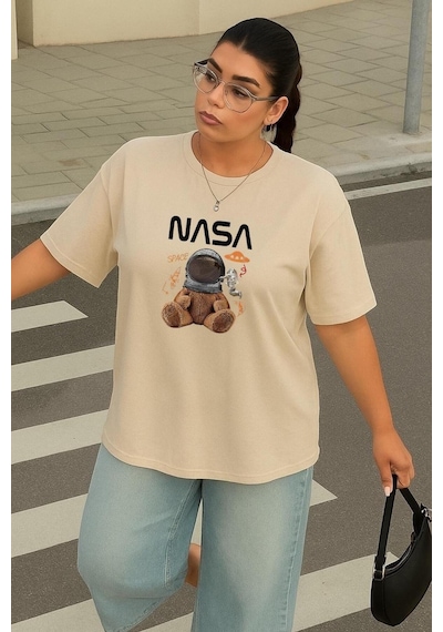 Büyük Beden Nasa Ayıcık Baskılı Unisex Tişört Bej