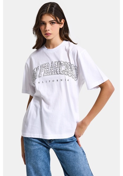 Itsbasic Kadın Beyaz S6-2 Oversize Özel Parlak Taşlı Sloganlı Bol Kesim T-shirt