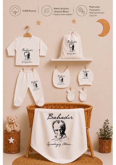 Pia Baby Erkek Bebek Hastane Seti 8 Parça %100 Pamuk İsimli Zıbın Battaniye Yastık Kılıfı Ve Kese Seti 2022zybk3x Ekru