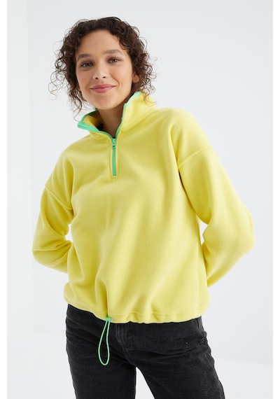 Tommy Life Limon Yarım Fermuar Etek Ucu Büzgülü Dik Yaka Oversize Kadın Polar Sweatshirt - 97234 Limon Sarısı