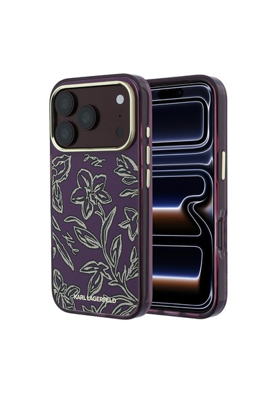 Apple iPhone Uyumlu 18 Pro Max Kılıf Karl Lagerfeld Lisanslı M-safe Gold Kamera Çerçeve Çiçek Tasarım Kapak Bordo