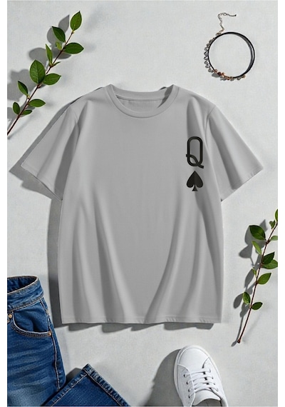 Uyguntarz Unisex Q Maça Kızı Baskılı Tasarım Tshirt Gri