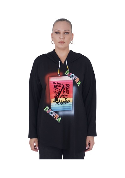Kadın Büyük Beden Siyah Kapüşonlu Sloganlı Sweatshirt