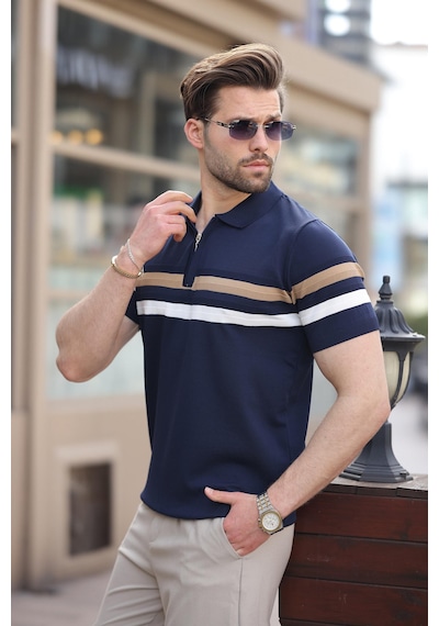 Madmext Lacivert Fermuarlı Polo Yaka Triko Erkek T-shirt E7299 Lacivert