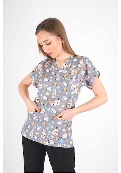 Unisex Snack Time Desenli Doktor Hemşire Cerrahi Scrubs Üniforma Takım Gri - Siyah Gri - Siyah