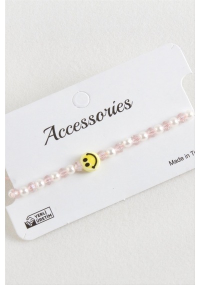 Emoji İnci Kristal Makrome İp Bileklik - Pembe N145