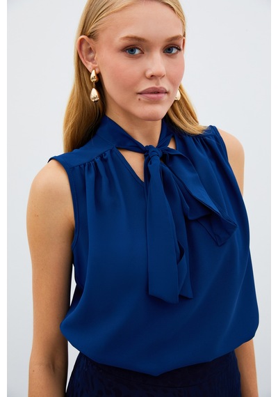 Sateen Fularlı Kolsuz Bluz - Lacivert-134893 Lacivert