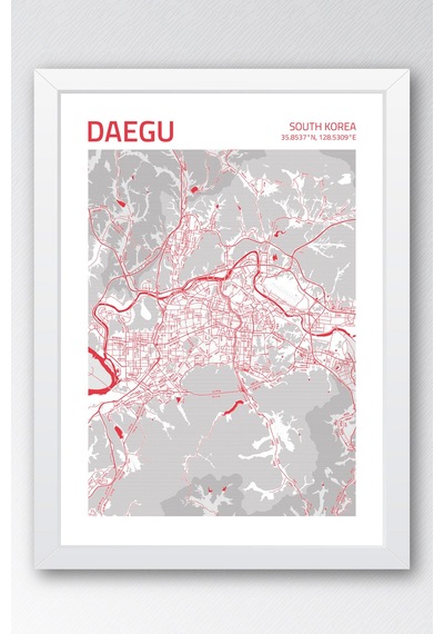 Daegu Güney Kore Haritası Çerçeveli Tablo Lüks Salon Ofis Duvar Dekorasyonu Hediyelik Tablo Beyaz
