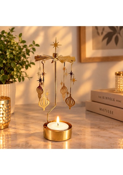 Altın Renk Dönen Yıldız Ve Yılbaşı Süsü Figürlü Mumluk Isıyla Dönen Dekoratif Tealight Mumluk