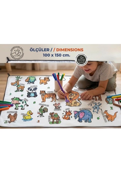Boya Beni Yıkanabilir 100x150 Cm 12 Farklı Renkli Keçeli Kalemli Eğitici Oyuncak Boyama Halısı