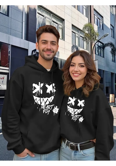 Nevermind Sevgili Kombini Oversize Hoodie Heart Fly Gülüş Baskılı 3 İplik Siyah
