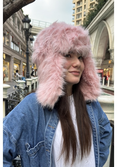 Mollycrush Pembe Pelüş Kürklü Genç Pilot Şapkası Yumuşak Tüylü Kulaklı Trend Kışlık Ushanka Pembe