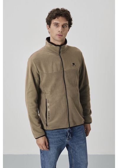 Tommy Life Camel Yazı Nakışlı Dik Yaka Fermuarlı Standart Kalıp Erkek Sweatshirt Polar - 87992 CAMEL