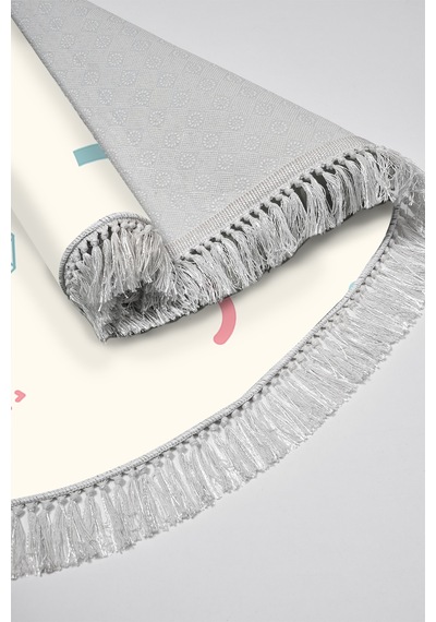 Kaymaz Dijital Mutfak & Salon Halı Trend Saçaklı Oval Geometrik E5015 Beyaz