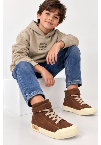 Papucumun Dünyası Çocuk Erkek/kız Yüksek Bilekli Bağcıklı Spor Ayakkabı Sneaker Kahverengi