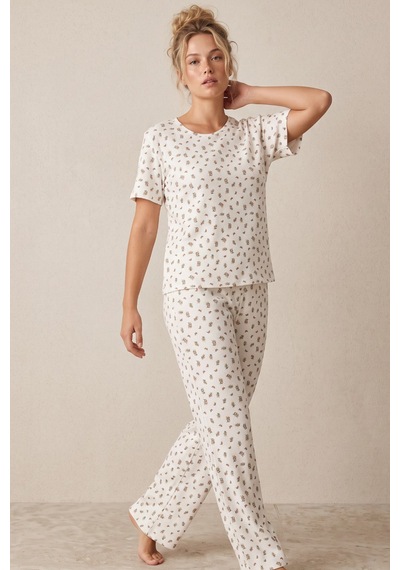 Siyah İnci Pamuklu Fitilli Kaşkorse Örme Pijama Takım 26120402 Ekru