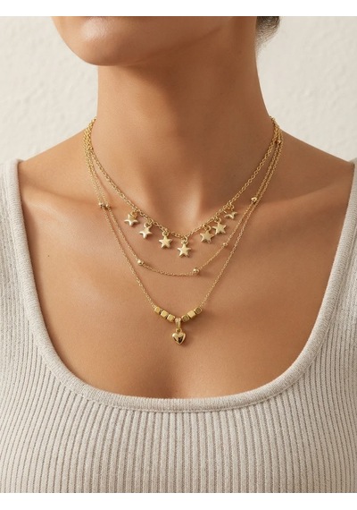 Kadın Çoklu Katmanlı Kolye Kombini Yıldız Kalp Madalyon Deniz Yıldızı Charm Detaylı Şık Kolye Seti Km057 Rose Gold
