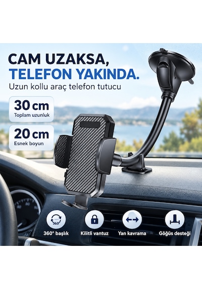 Dexxony Hp-a06 30 Cm Uzun Boyunlu Vakumlu Araç İçi Telefon Tutucu 360 Döner Başlık Siyah