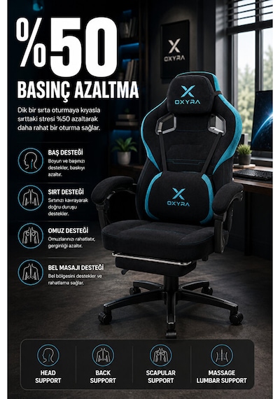 OXYRA Thalron Ergonomik Premium Terletmez Kumaş | Bel Masaj Destekli Oyuncu Koltuğu
