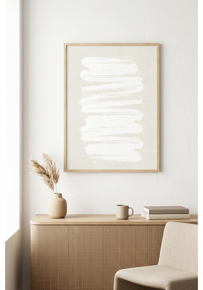 Doğal Ahşap Çerçeveli Minimal Beyaz Fırça Desenli Tablo - Pastel Huhu1069