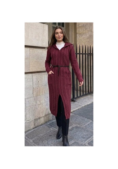 Onno Style Women Saç Örgü Triko Uzun Kadın Hırka Bordo