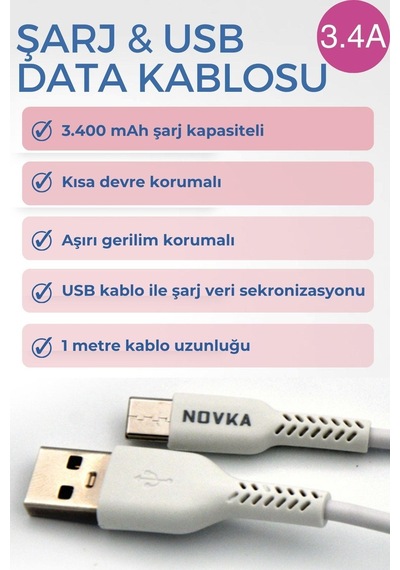 Novka NVK05 Type-C Usb 3.4 A Şarj Kablosu 1 M Beyaz