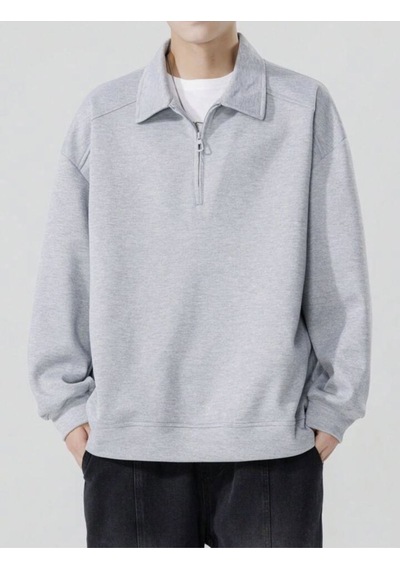 Harmandar Gri Erkek Baskısız Dik Yaka Yarım Fermuarlı Kazak Sweatshirt Gri