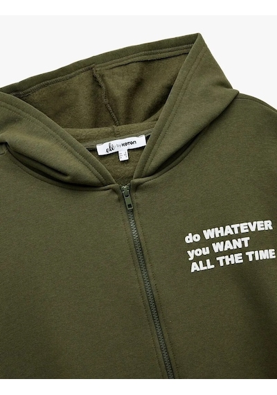 Koton Şardonlu Baskılı Fermuarlı Kapüşonlu Kadın Oversize Sweatshirt 6wal10142ık Haki
