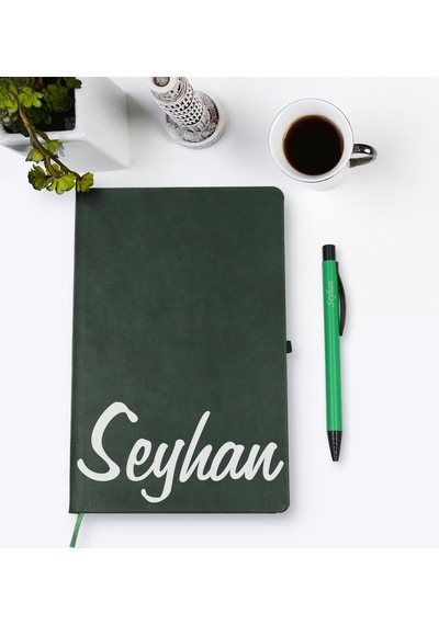 Bitmeyenkartus Kişiye Özel El Yazılı Yeşil Termo Deri Defter Kalem Seti Model 2