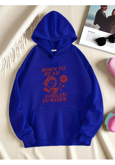 Uyguntarz Unisex Born To Read Baskılı Oversize Sweatshirt Mavi