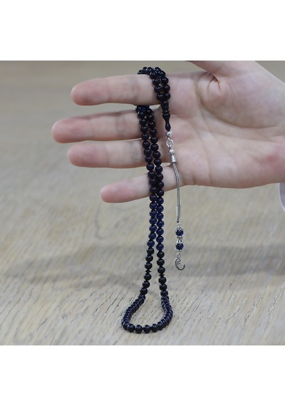 Tesbihname Sıkma Kehribar Namaz Tesbihi - 925 Ayar Gümüş Vav Püsküllü - Süzme Mavi Siyah - Küre Kesim Çok Renkli