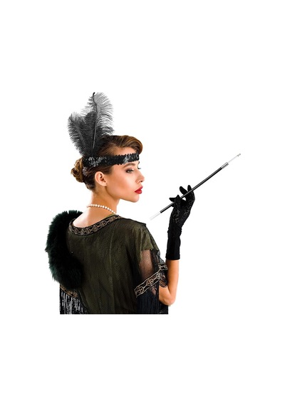 1920'ler Gatsby Aksesuar Seti Siyah Charleston Saç Bandı & Sigaralık Pop