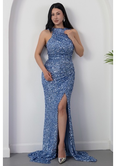 Kalopya Halter Yaka Yırtmaçlı Pulpayet Elbise Ecr5482 Mavi