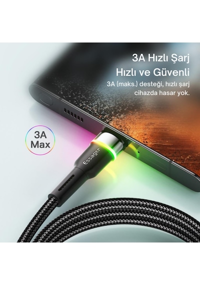 Essager Led Işıklı 2 Metre 3a Usb To Type-c Ultra Hızlı Şarj Kablosu,dayanıklı Renkli Led Işıklı Kablo