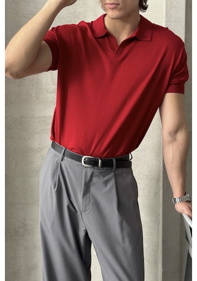Erkek Oversize Pamuklu Polo Yaka Triko T-shirt Kırmızı