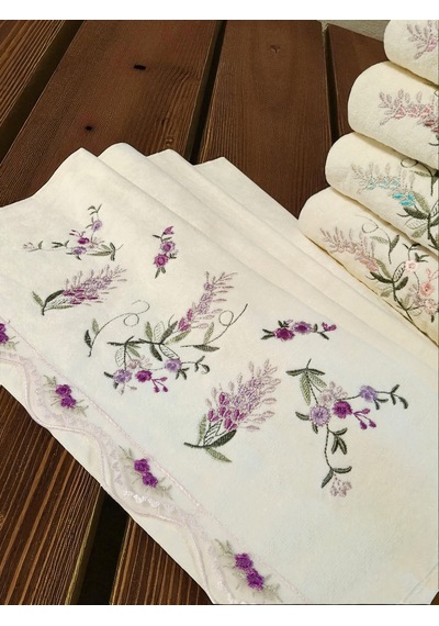50x90 Cm Nakışlı Kadife 6lı El Havlusu Yüz Havlusu Seti Açık Krem