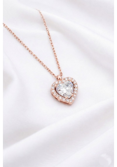 Çekirdekjewelry 925 Ayar Gümüş Rose Kaplama Kalp Kolye Rose Beyaz