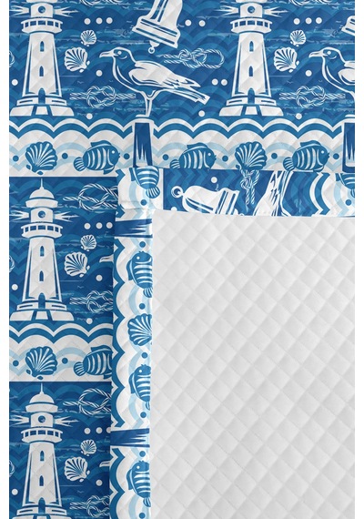 Mavi Deniz Feneri Marine Genç Odası Tek Kişilik Pike Takımı-nautical 160x220cm Kapitone Yatak Örtüsü Eski Perde Ufku