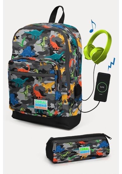Coral High Kids Koyu Gri Siyah Kamuflaj Dinozor Desenli Usb'li 2'li Okul Çanta Seti - Erkek Çocuk