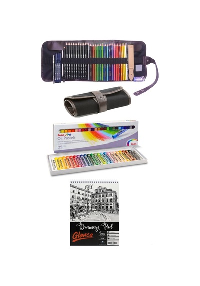 A5 Eskiz Defterli Cretacolor Dereceli Kalem Studioline Derwent Watercolour Pentel 25'li Rulo Çanta