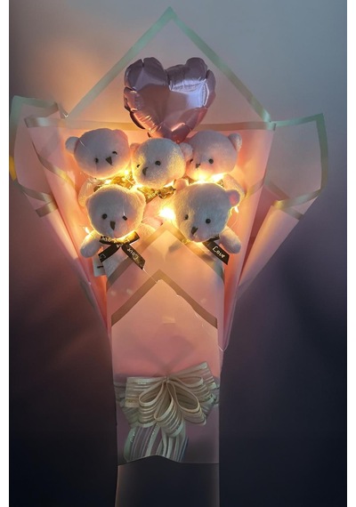 Sole Sevgiliye Led Işıklı Özel Pembe Konsept Balonlu Romantik Peluş Ayıcık Buketi