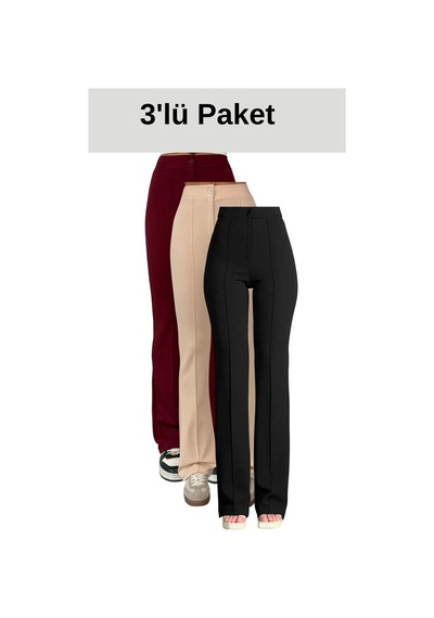 Thiff Gymwear Krep Kumaş Likralı Kadın Palazzo Pantolon 3'lü Set Bordo-bej-siyah