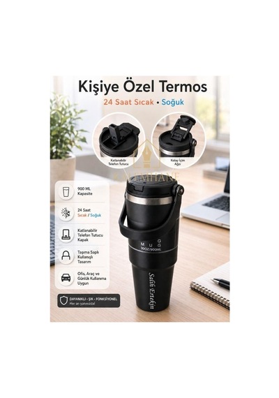 Kişiye Özel Termos 900 Ml 24 Saate Kadar Sıcak Ve Soğuk Tutma Siyah