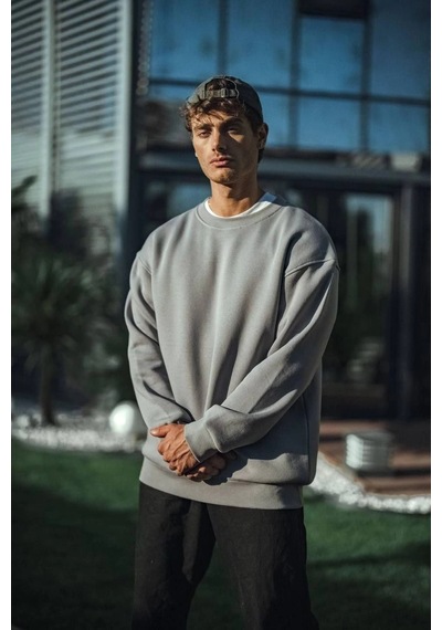Barlashive Erkek Bisiklet Yaka 3 İplik Pamuklu Basic Sweatshirt - Boyalı Gri Çok Renkli