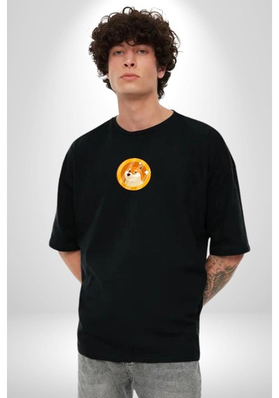 Doge Coin Siyah Oversize Unisex Ön Orta Minimal Baskılı Tişört Siyah