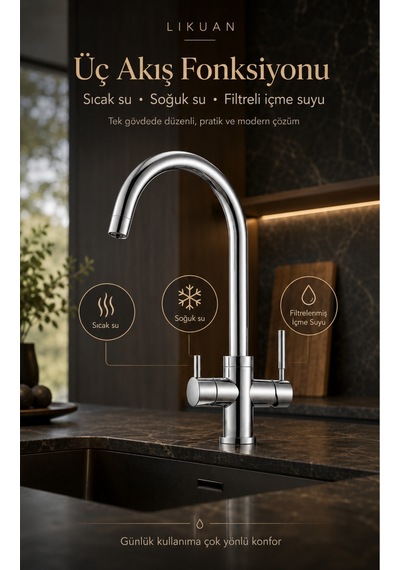 Nkdp3212cp Premium Krom 3 Akışlı Mutfak Musluğu Filtreli İçme Suyu Gümüş