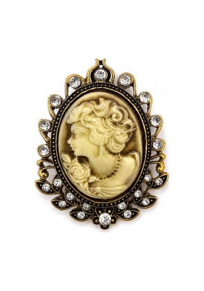 Vintage Zarafet Kadın Silüetli Taş İşlemeli Antik Gold Broş Hediye Açık Gri