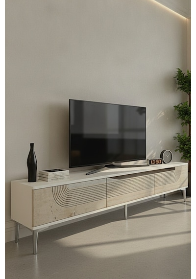Tsa1805bts Meyra Tv Sehpası Beyaz-traverten-sılver 180cm Beyaz - Traverten - Gümüş