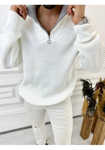 Elku Moda Kazak Dik Yaka Fermuarlı Örme Pamuk Tüylenmeyen Oversize Salaş Tarz Triko Kazak Beyaz Elku Moda Kazak Dik Yaka Fermuarlı Örme Pamuk Tüylenmeyen Oversize Salaş Tarz Triko Kazak Beyaz